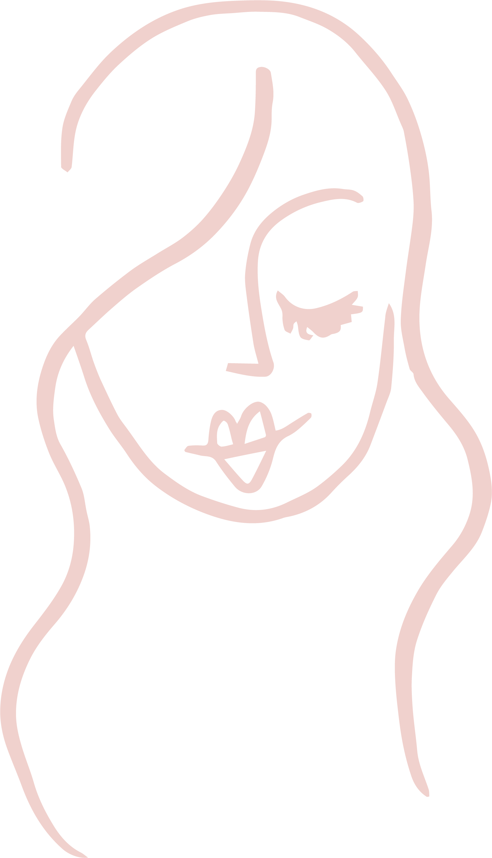 Line art drawing of a woman's face with long hair, closed eyes, and lips slightly parted.