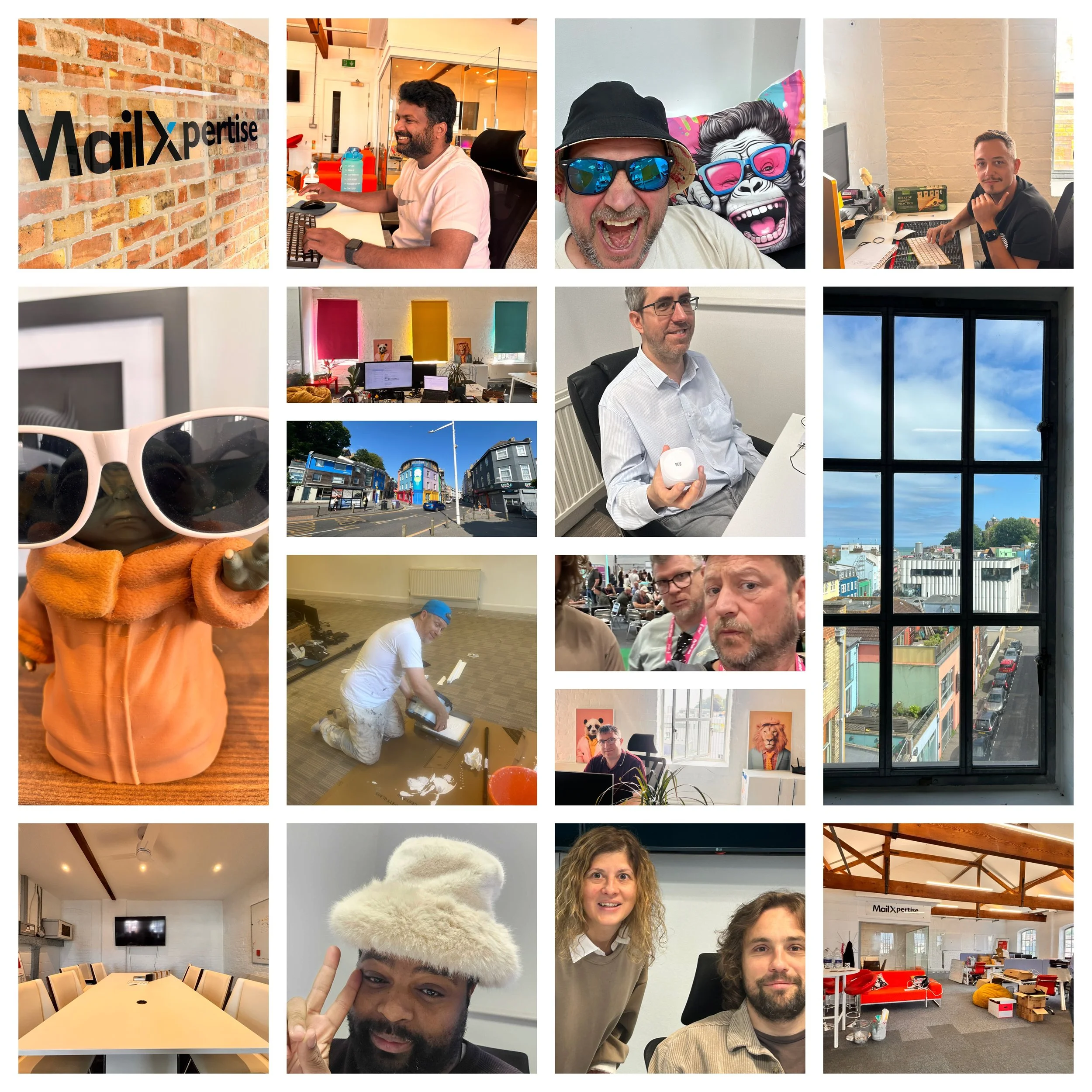 A collage of various office scenes and people, including a man wearing sunglasses and a hat, a woman with curly hair, people working at desks, and city views through windows.