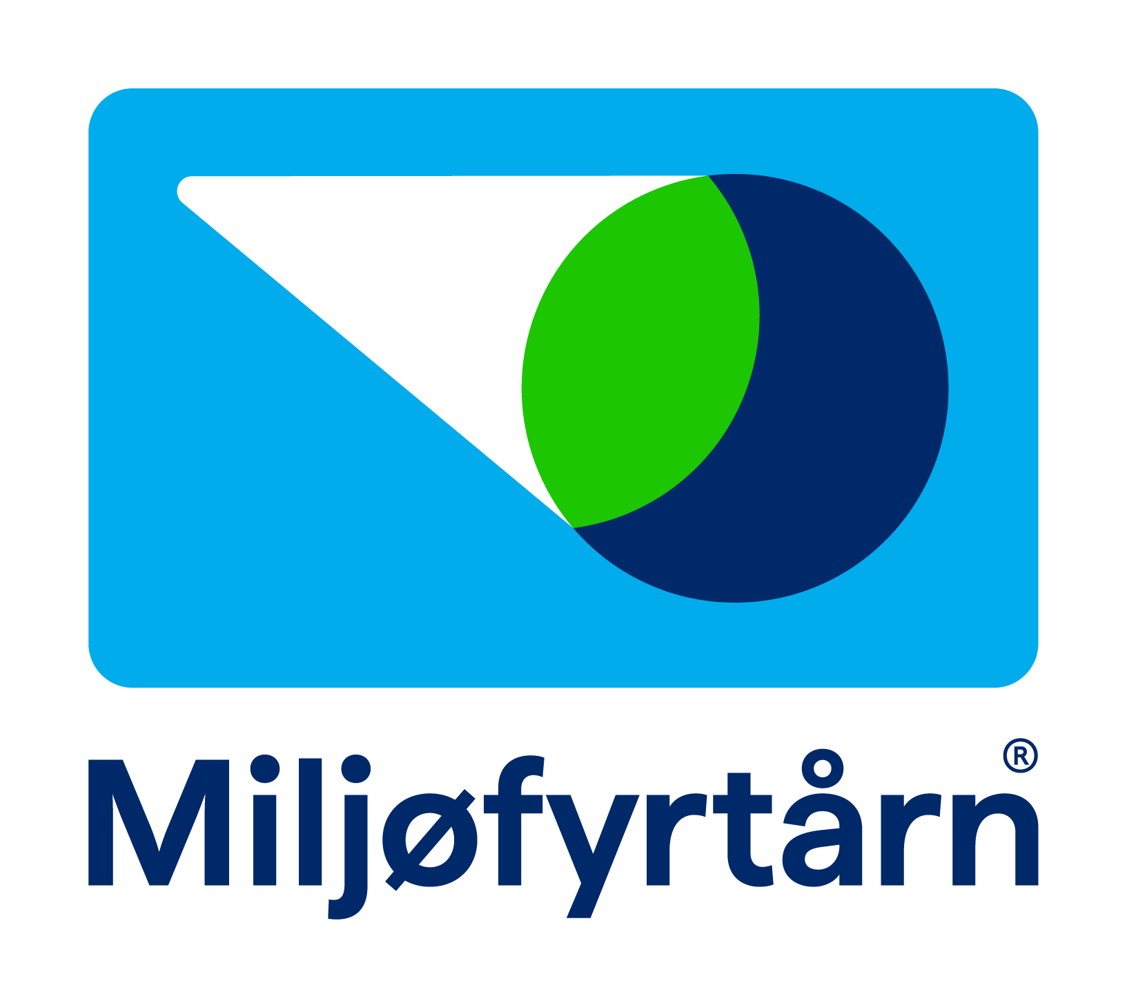 Logo av miljøfyrtårn med blå bakgrunn og grønne og svarte elementer, samt teksten "Miljøfyrtårn"