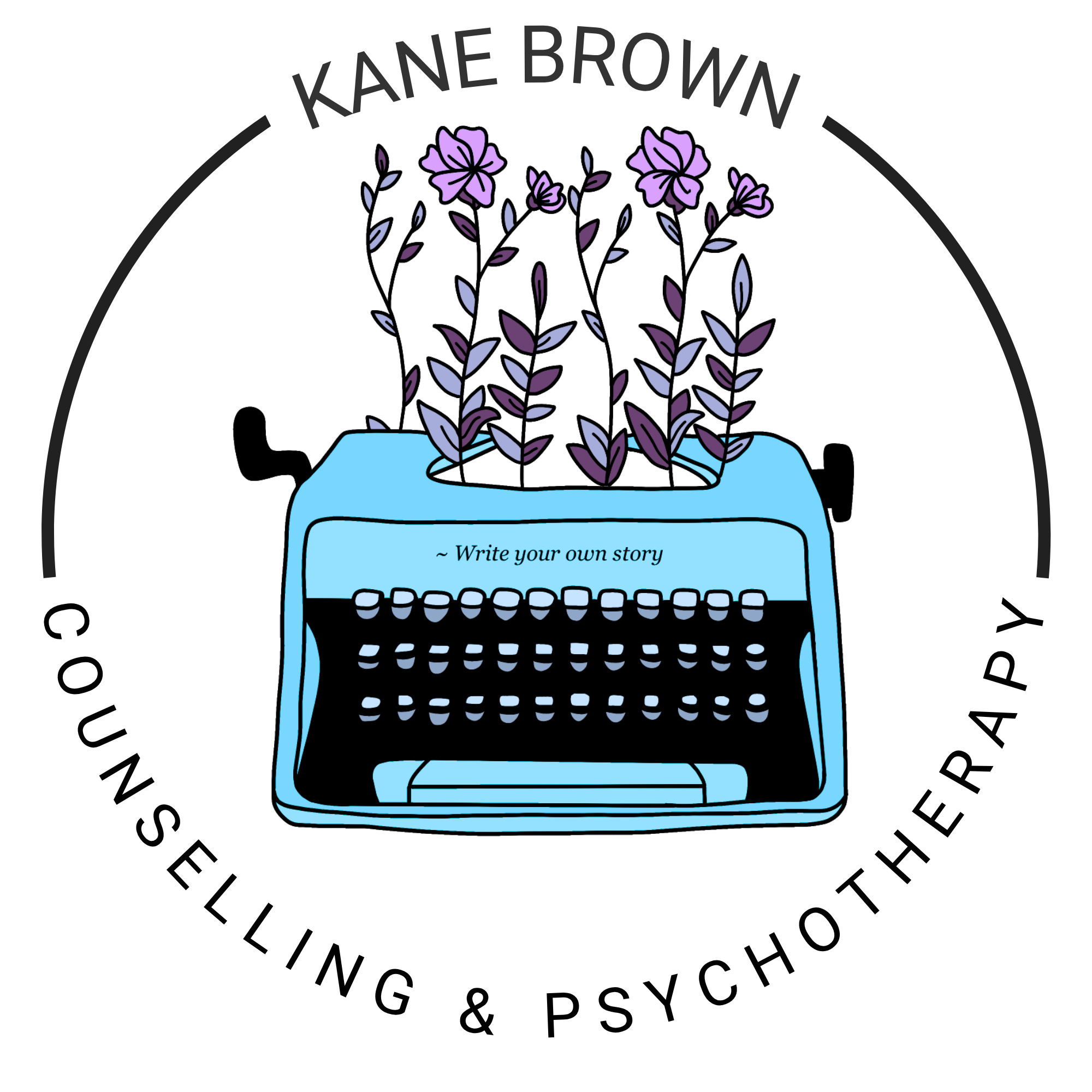 logo for Kane Brown Counselling and Psychotherapy. It is a circle that states that name with a blue typewriter inside that has blossoming flowers.