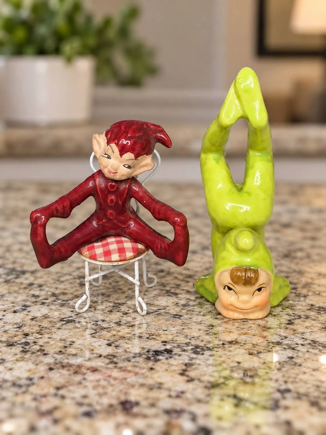 Vintage 1950s Ceramic Pixie Elves - Acrobatic Headstand & Seated Kitsch Pair