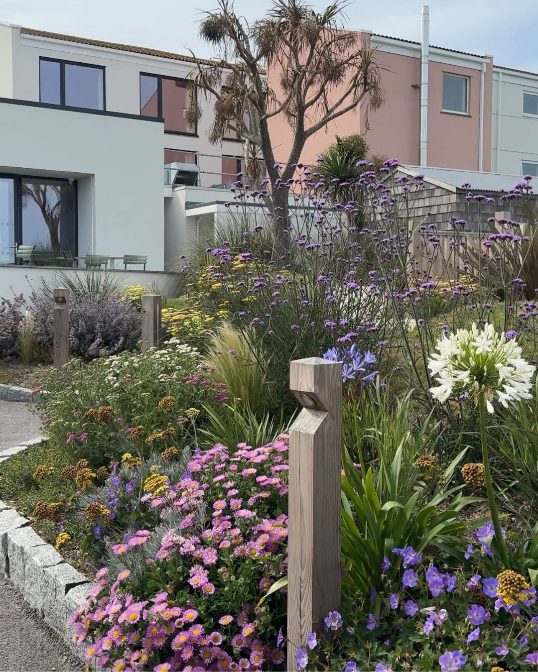A garden with colorful flowers including purple, pink, yellow, and white, surrounded by a low stone border, in front of modern apartment buildings with large windows and balconies.