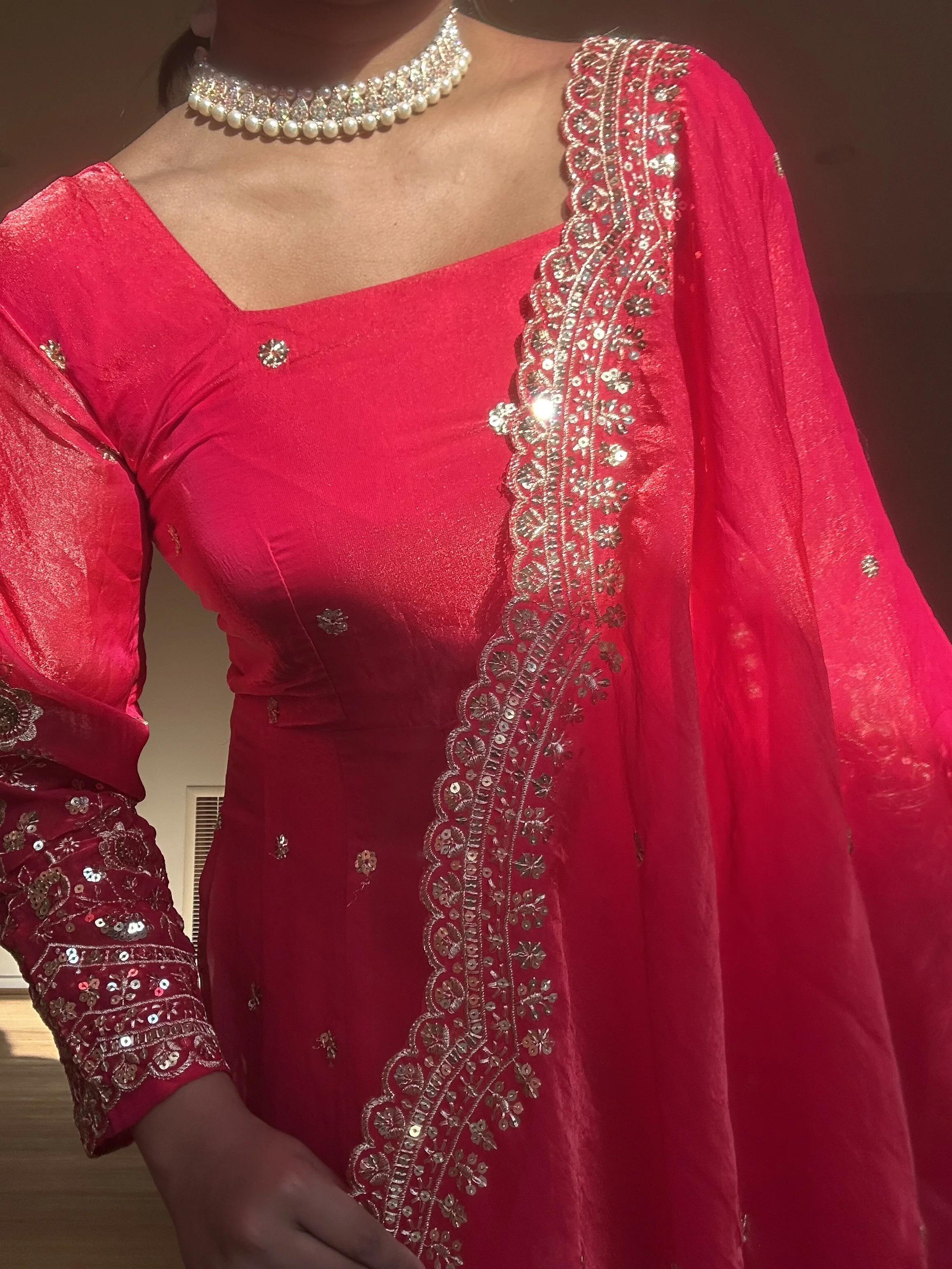 Red embroidered anarkali set
