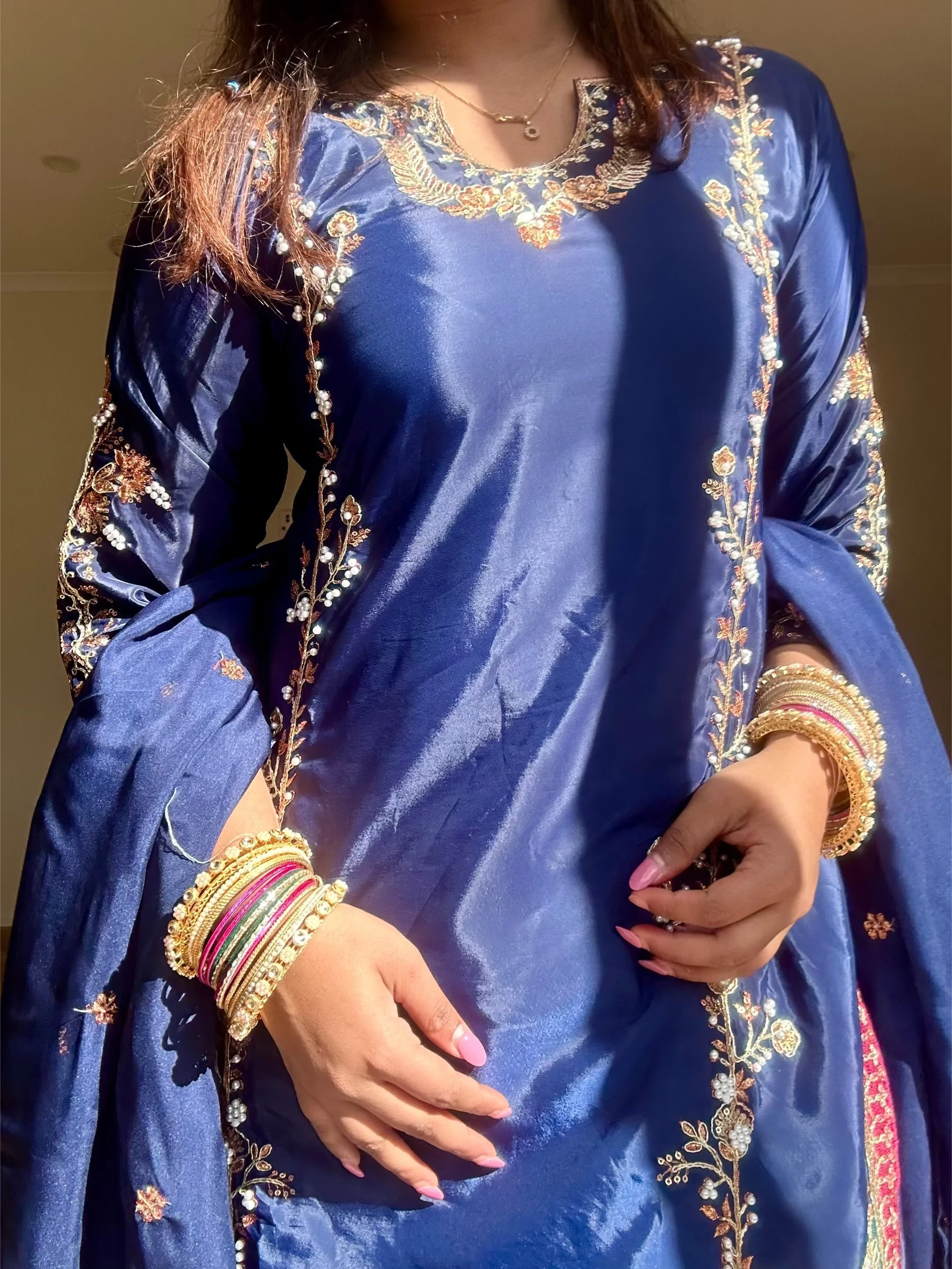 Navy blue embroidered silk sharara set
