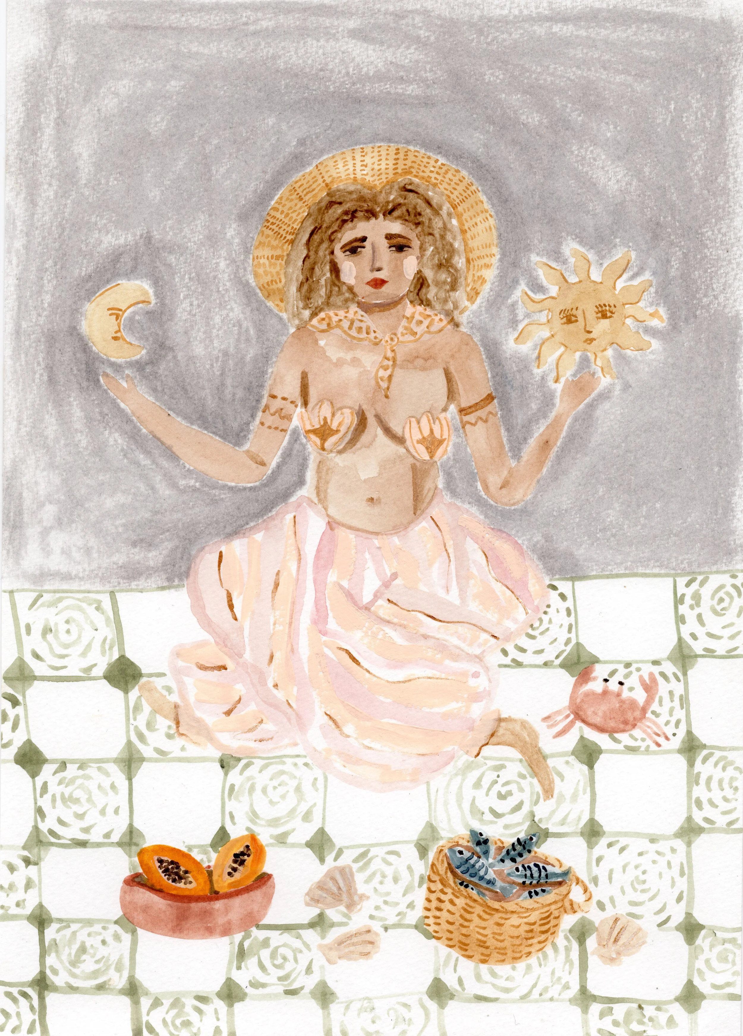 Watercolor painting of a woman with curly hair, sitting on a tiled floor. She is bare-chested with her nipples covered by her hands, wearing a pink skirt, and holding a sun in her right hand and a crescent moon in her left. There are half papayas, a 
