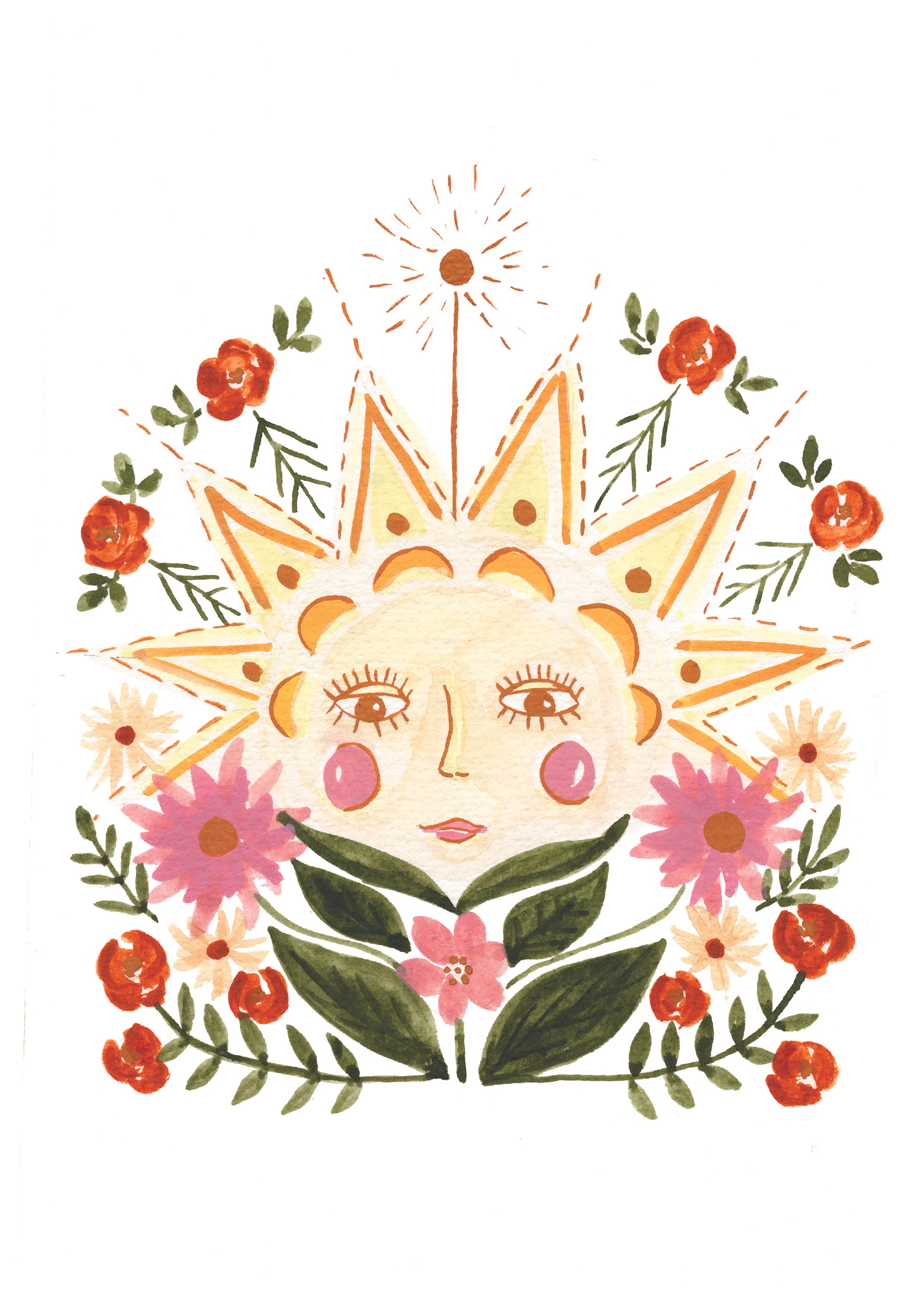 Watercolor illustration of a face with closed eyes, surrounded by flowers and leaves, with a sunburst-like design on top.