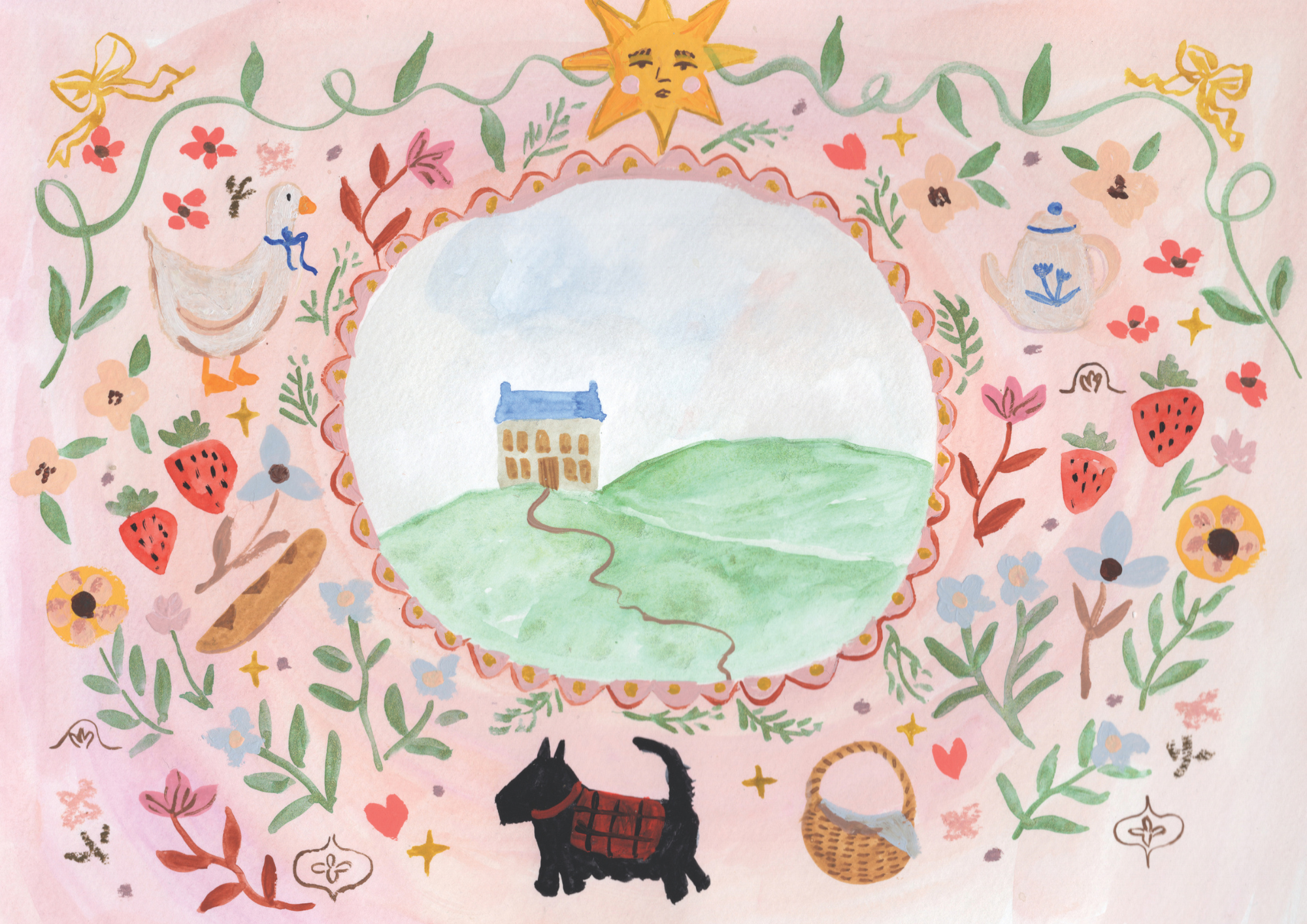 A colorful, whimsical watercolor illustration featuring a central scene with a small house on a grassy hill, surrounded by a decorative floral border with pink, red, purple, and yellow flowers. There is a smiling sun with a human face at the top cent