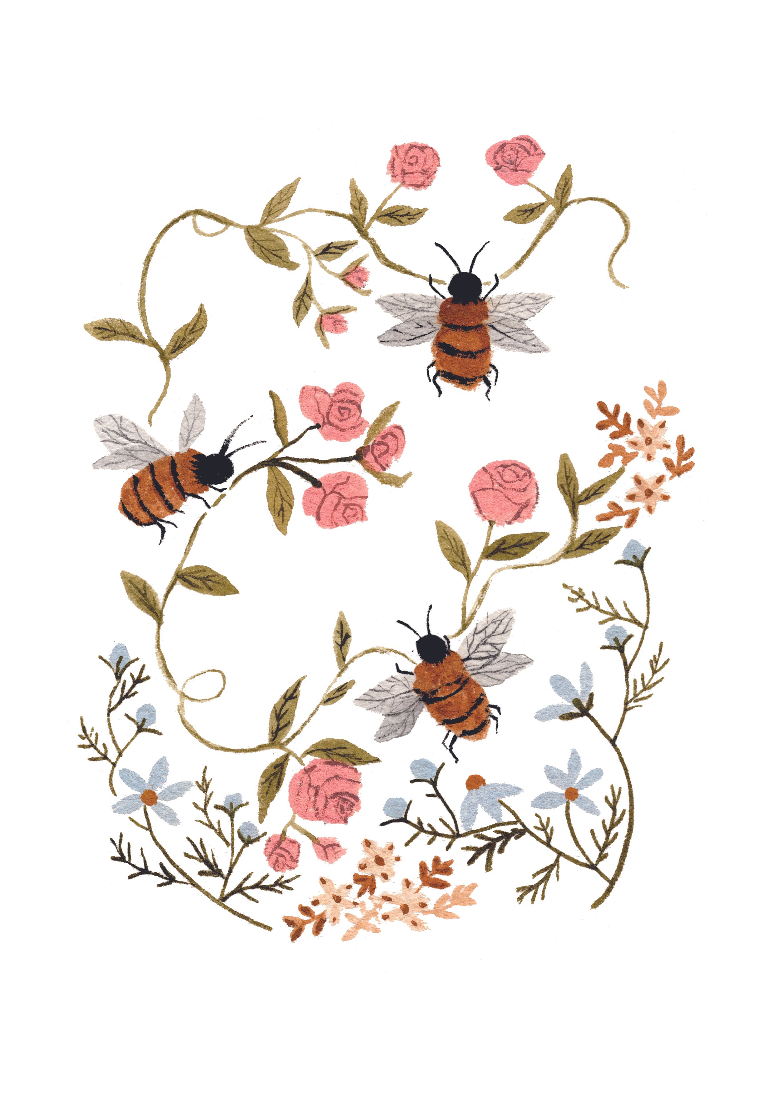 Watercolor illustration of three bees and pink roses with green leaves and other small flowers, arranged in a heart shape on a white background.