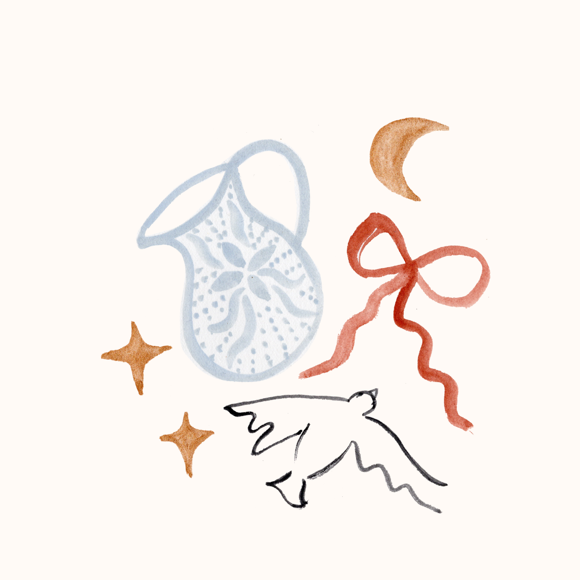 Watercolor illustration of a gift box with a ribbon, a crescent moon, stars, and an angel wing.