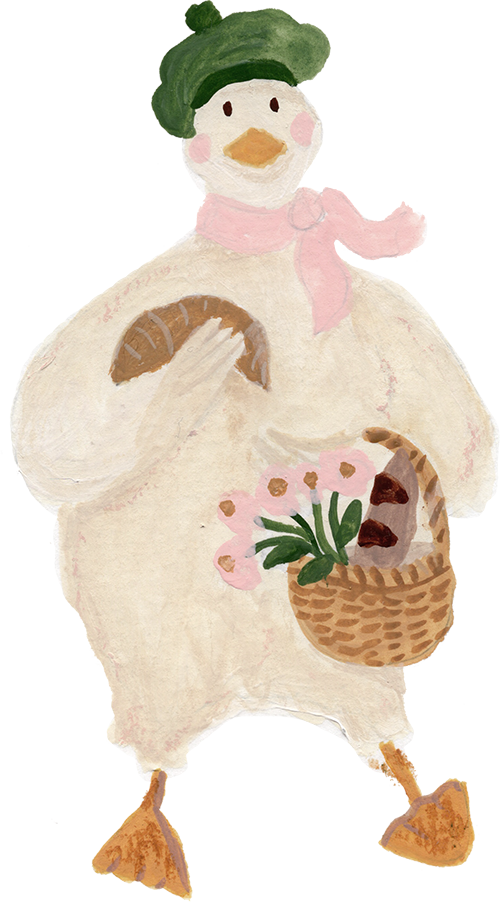 Watercolor illustration of a duck holding a croissant and carrying a basket with tulips and a fish, wearing a green hat and a pink scarf.