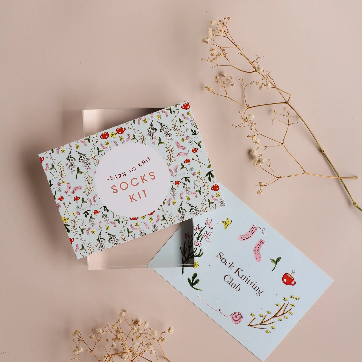 A sock knitting kit and a pamphlet titled 'Sock Knitting Club' are placed on a light pink surface, with dried flowers nearby.