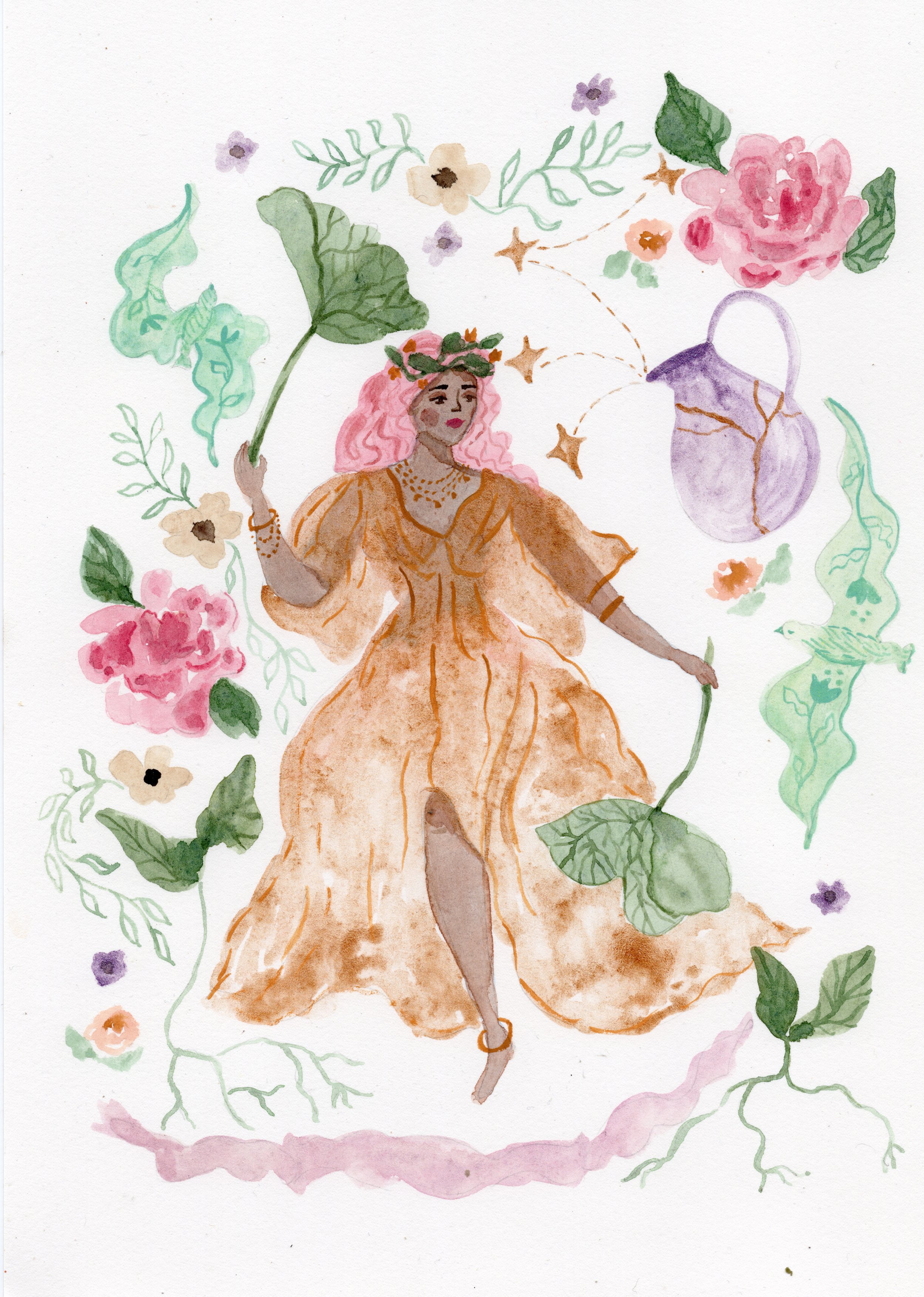 Watercolor illustration of a woman with pink hair, wearing an orange dress and a crown of flowers. She is surrounded by flowers, leaves, and floating stars, with a purple vase nearby.