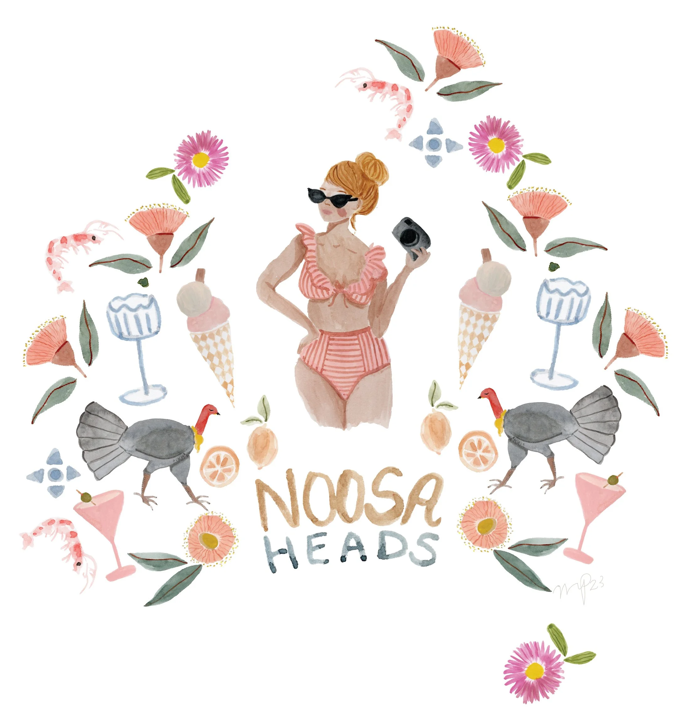 A colorful watercolor illustration of a woman in sunglasses with butterflies, flowers, turkey, and ice cream cones surrounding her, along with the words 'Nose Heads' in the center.