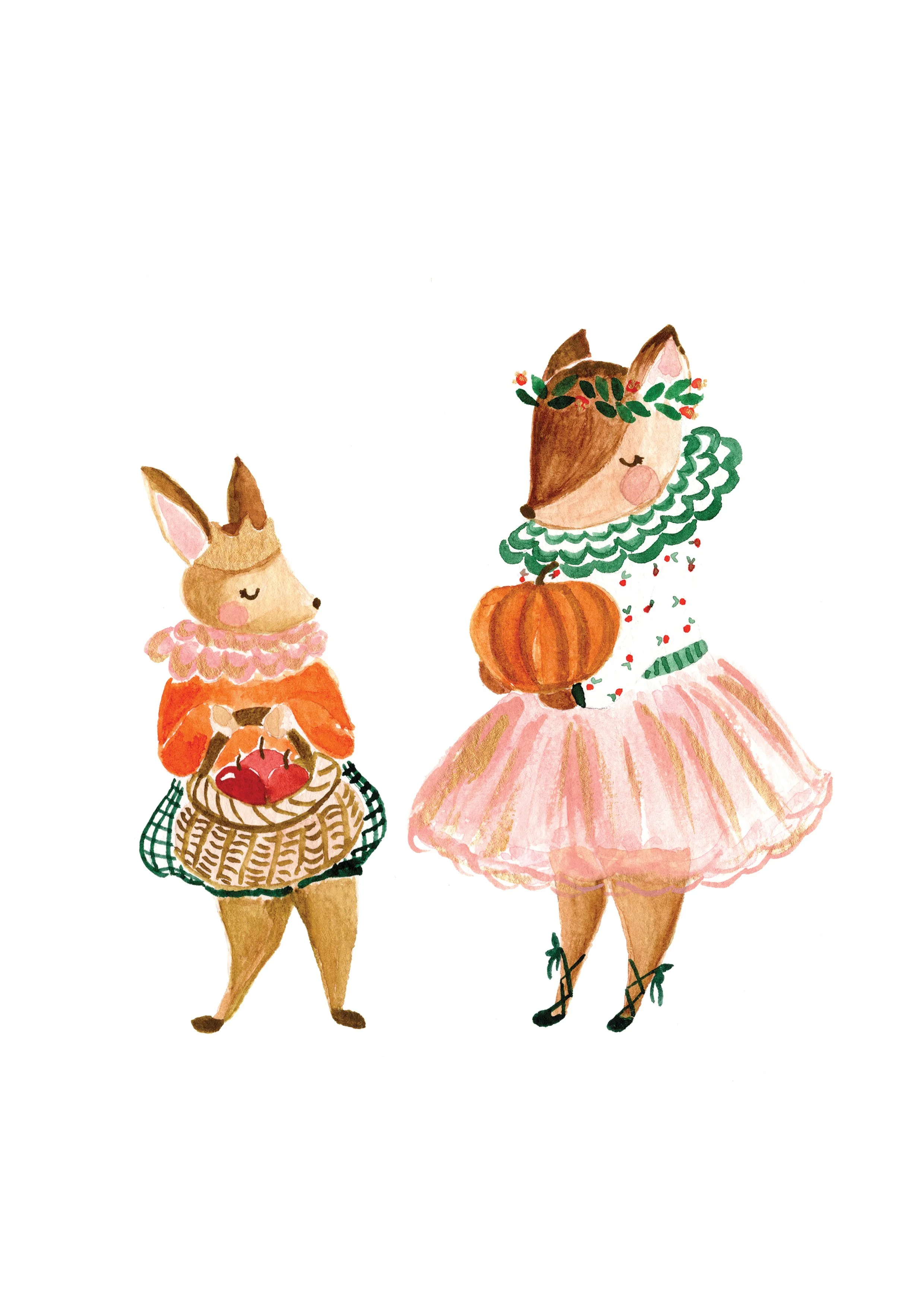 Watercolor illustration of two cute animals dressed in festive clothing, standing on a white background. One appears to be a bunny with closed eyes, pink cheeks, and an orange dress with pink ruffles. The other resembles a deer, wearing a pink tutu, 