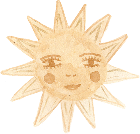 A cartoon depiction of a smiling sun with a human-like face and closed eyes.