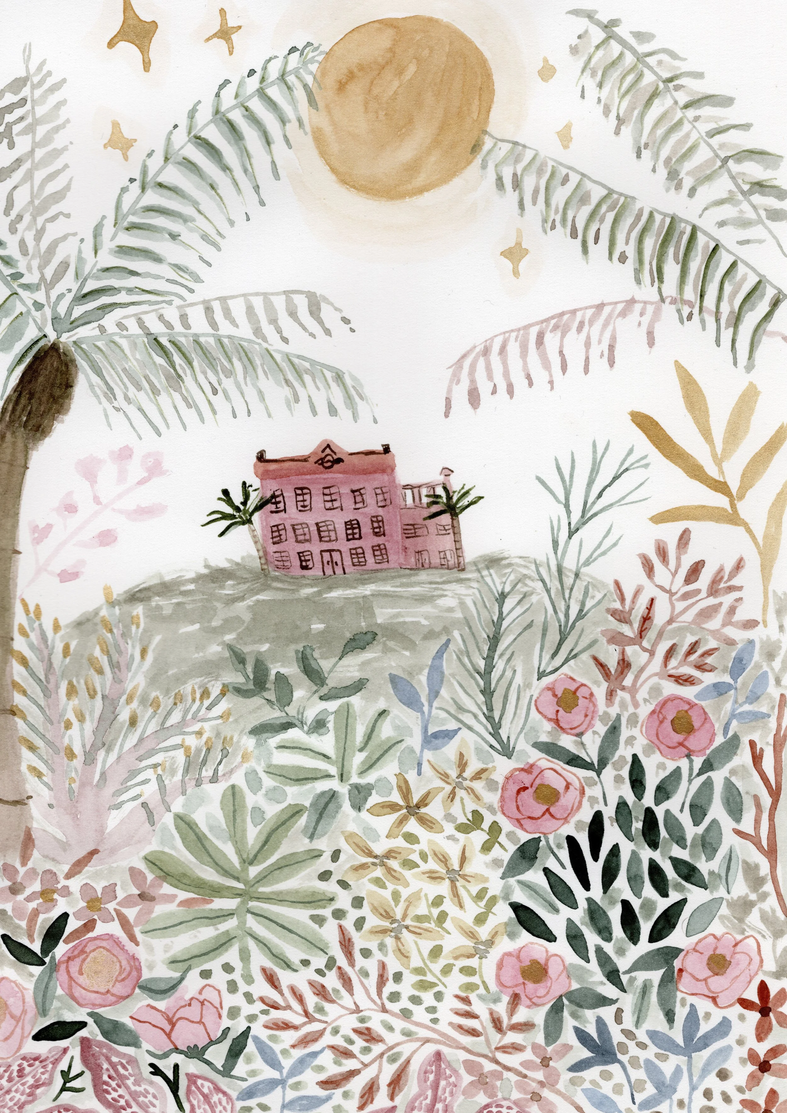 Watercolor painting of a whimsical scene with a pink house surrounded by lush greenery and colorful flowers, large fern leaves, a yellow sun, and small star shapes in the sky.