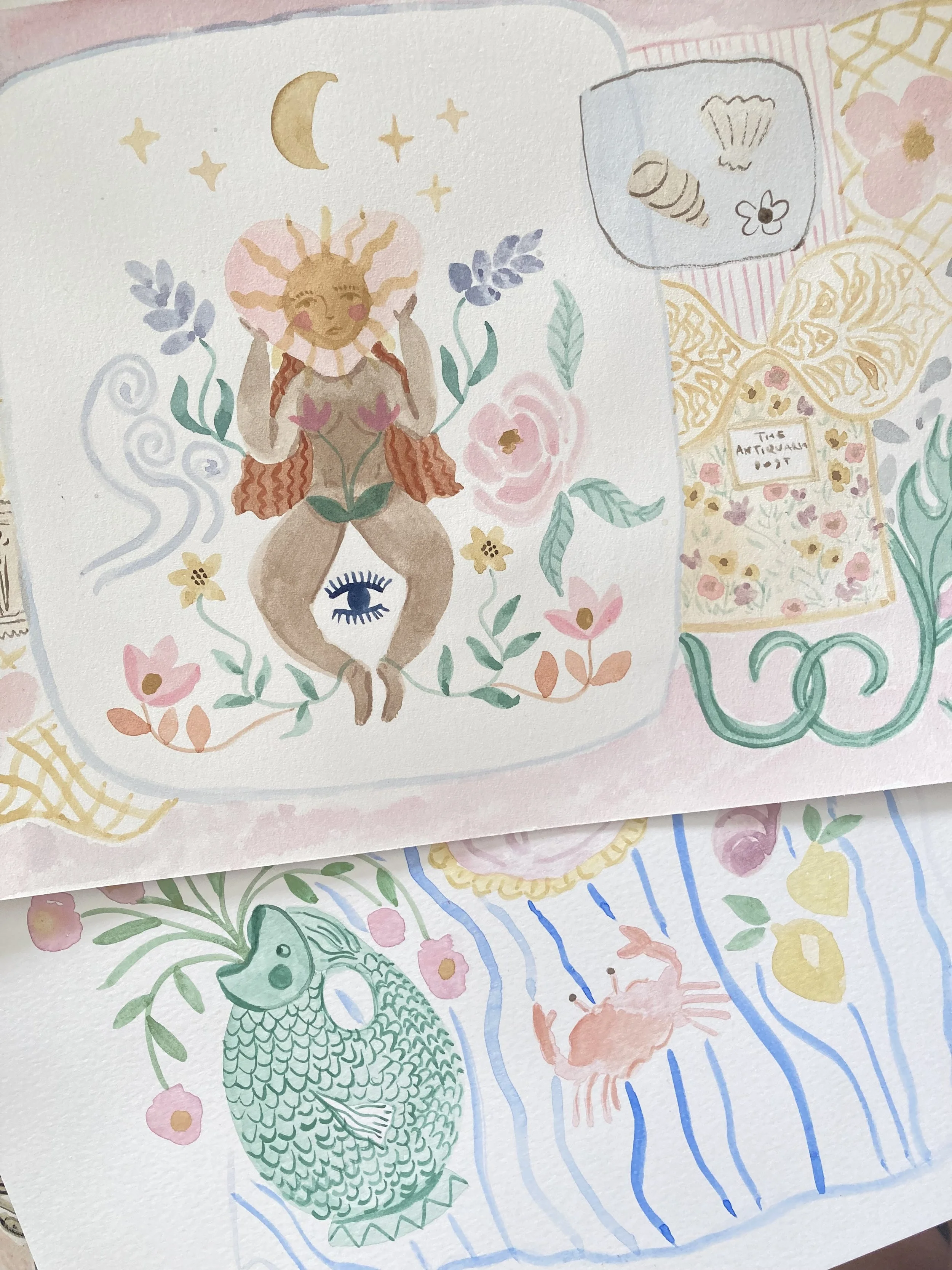 A colorful, whimsical illustration featuring a mythical creature with the body of a fish, a human face, and a sun-like crown on its head, surrounded by flowers, leaves, and celestial symbols such as stars and a crescent moon, with a drawing of a shel