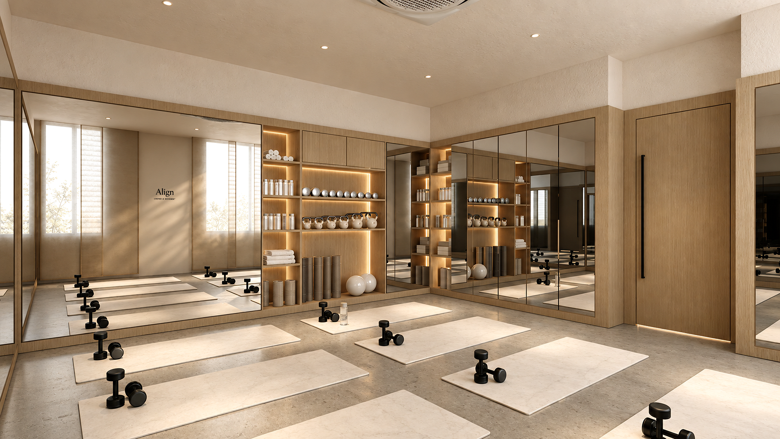 A modern fitness studio with yoga mats, dumbbells, and shelves with decorative items and towels, illuminated by natural light from large windows.