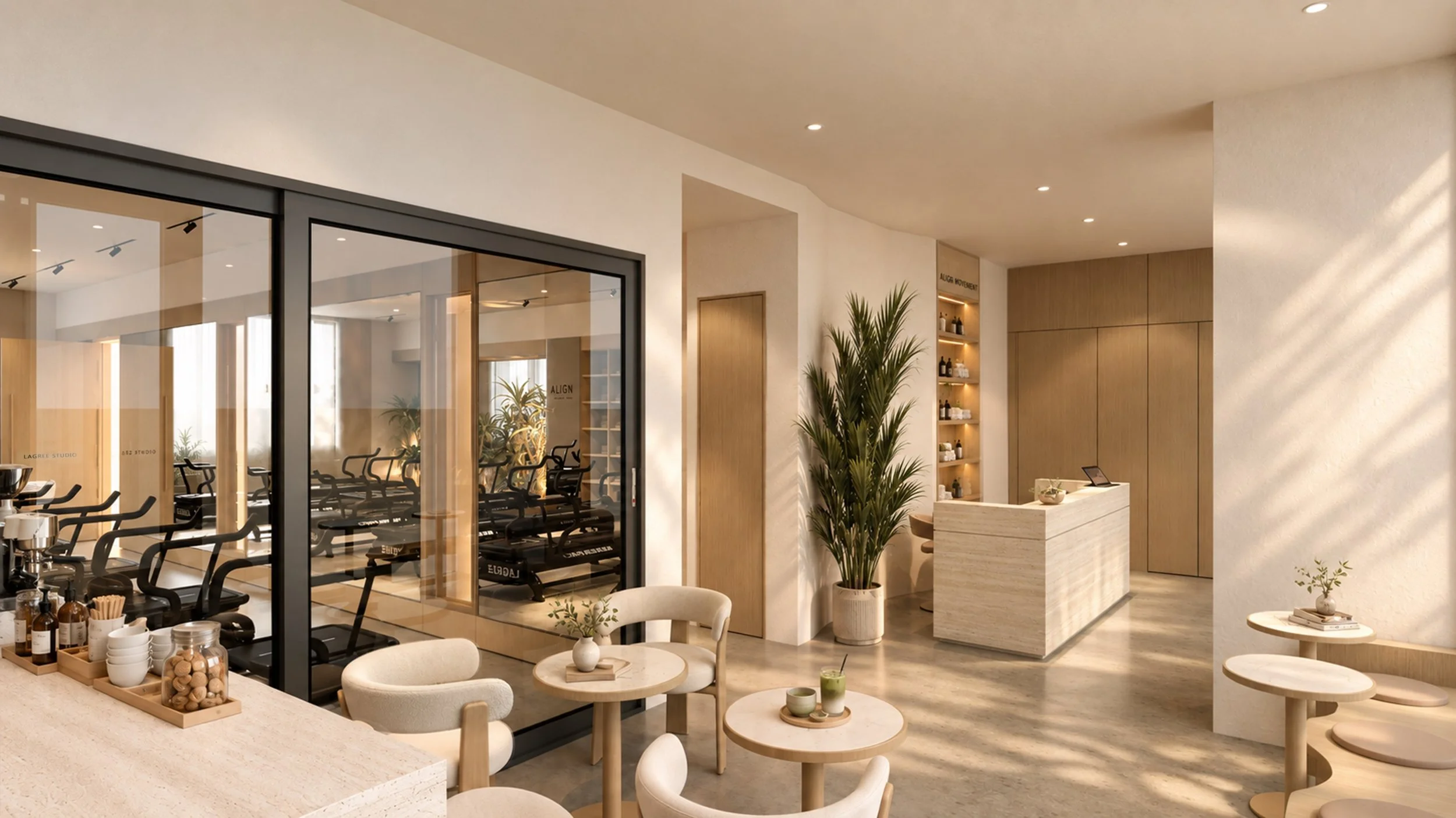 Modern spa or wellness center reception area with seating, potted plants, and fitness area visible through glass doors.