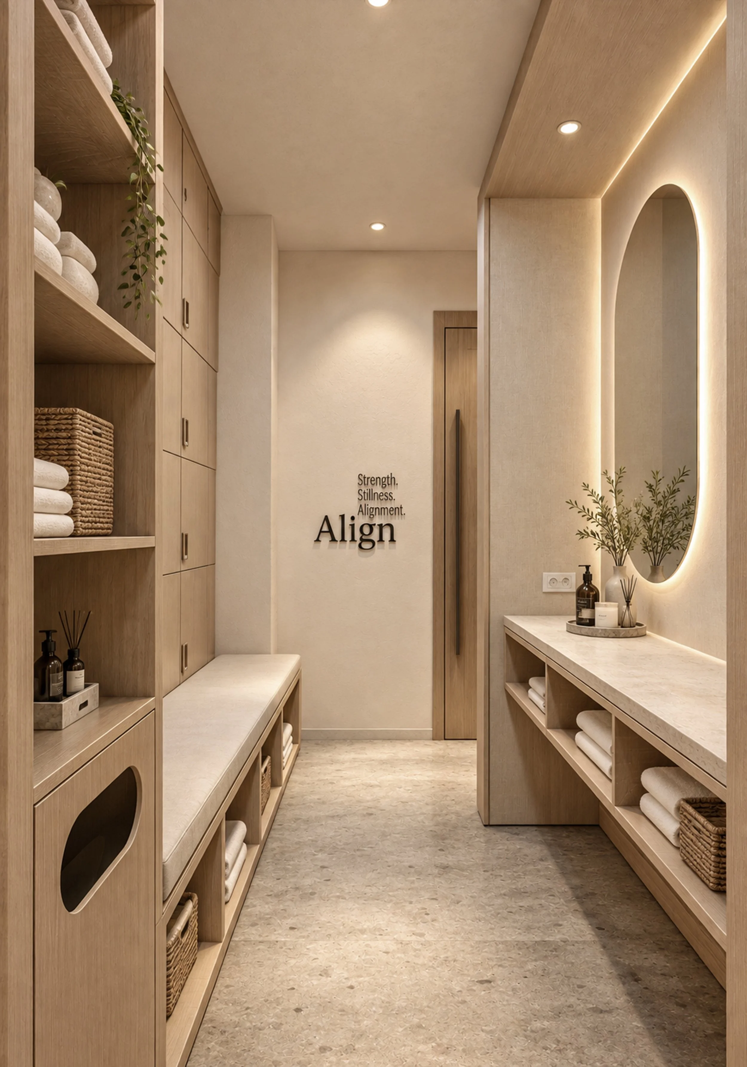 A modern, minimalist bathroom with open shelving units on both sides containing neatly folded towels, baskets, and toiletries. The walls are painted in soft neutral tones with wooden accents and warm recessed lighting, creating a calm and organized space.