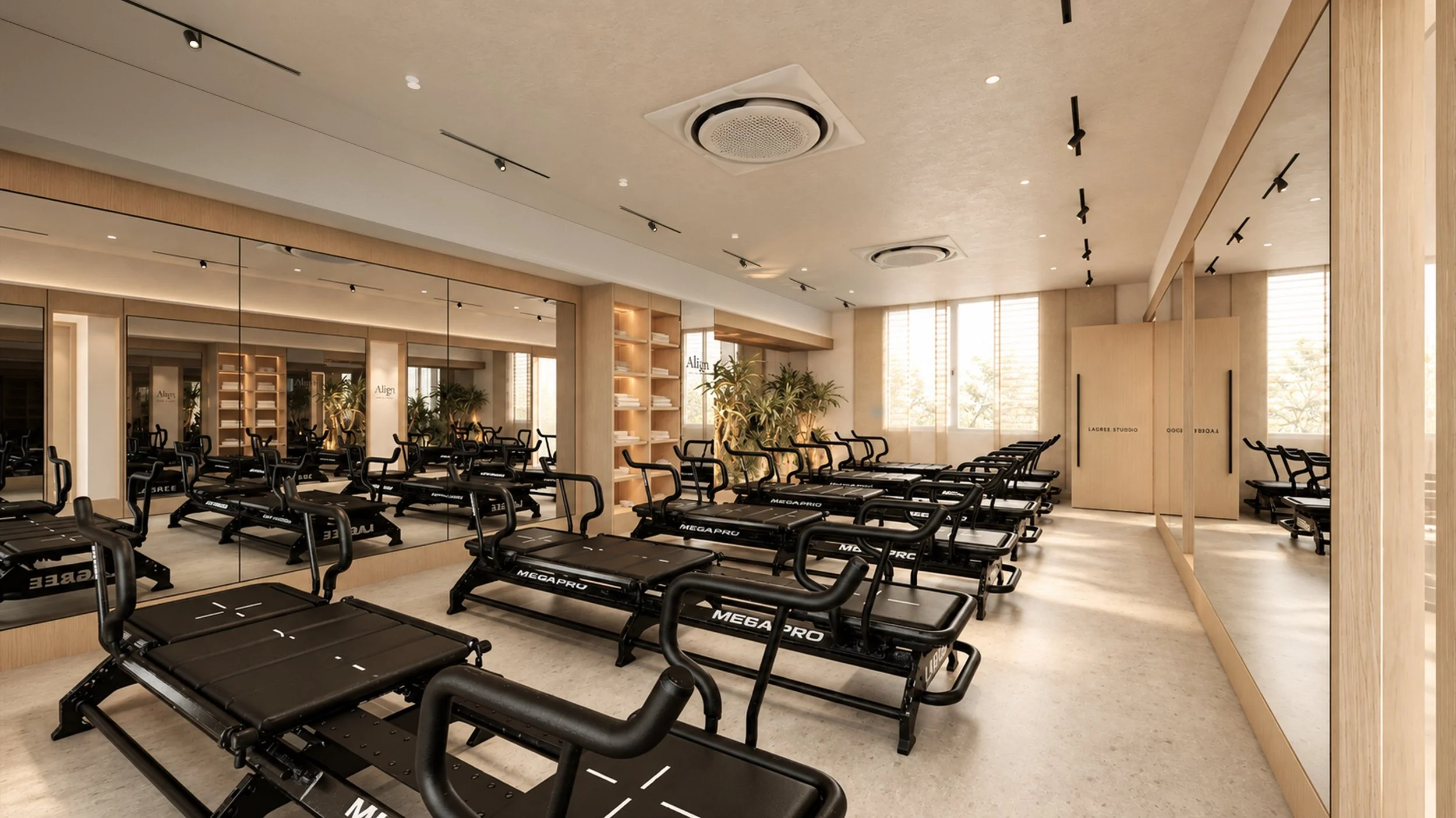 Fitness studio with rows of black MegaPro exercise machines and a large mirror behind them, decorated with wooden shelving and plants, illuminated by natural light from windows.