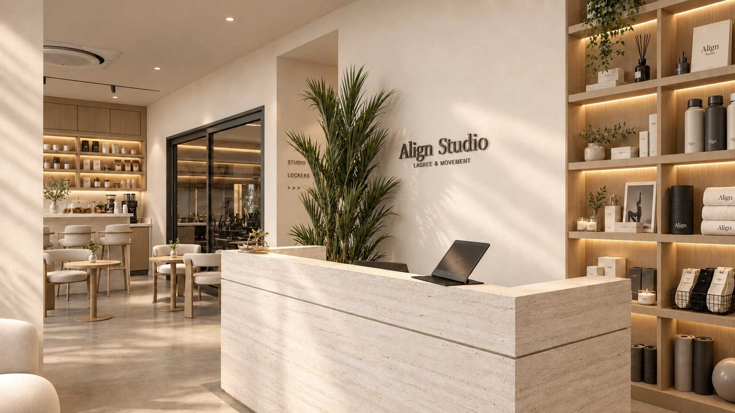 Modern wellness studio interior showing reception desk, seating area with white chairs and wooden tables, bookshelves with products, and green plants, with soft lighting and a minimalist aesthetic.