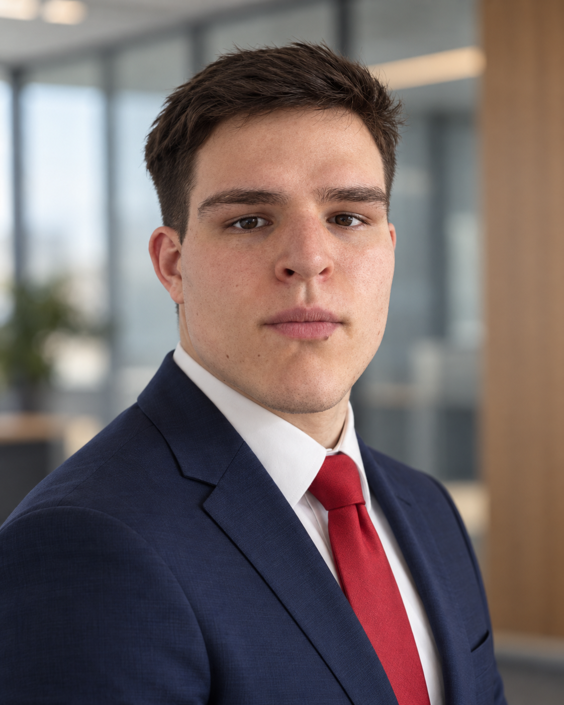 A young man with brown hair and light skin, dressed in a navy suit with a white shirt and red tie, looking confidently at the camera in a modern office setting.