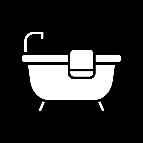 White bathtub icon with faucet and legs on a black background