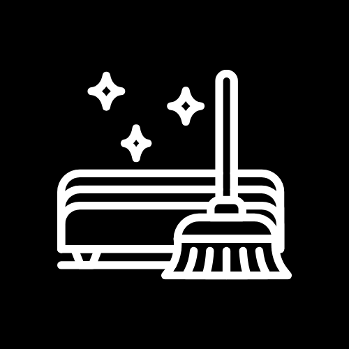 White outline icon of a broom sweeping a clean floor with sparkling stars