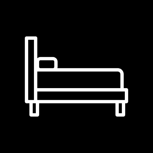 White outline icon of a bed on a black background