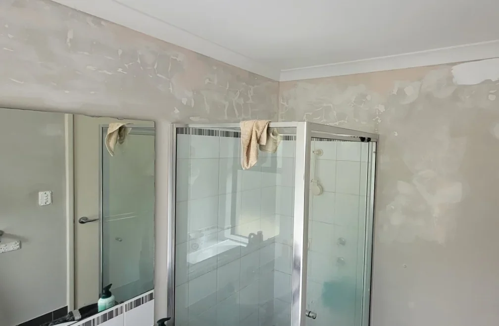 Before repainting: bathroom walls with patchy surfaces above a glass shower enclosure.