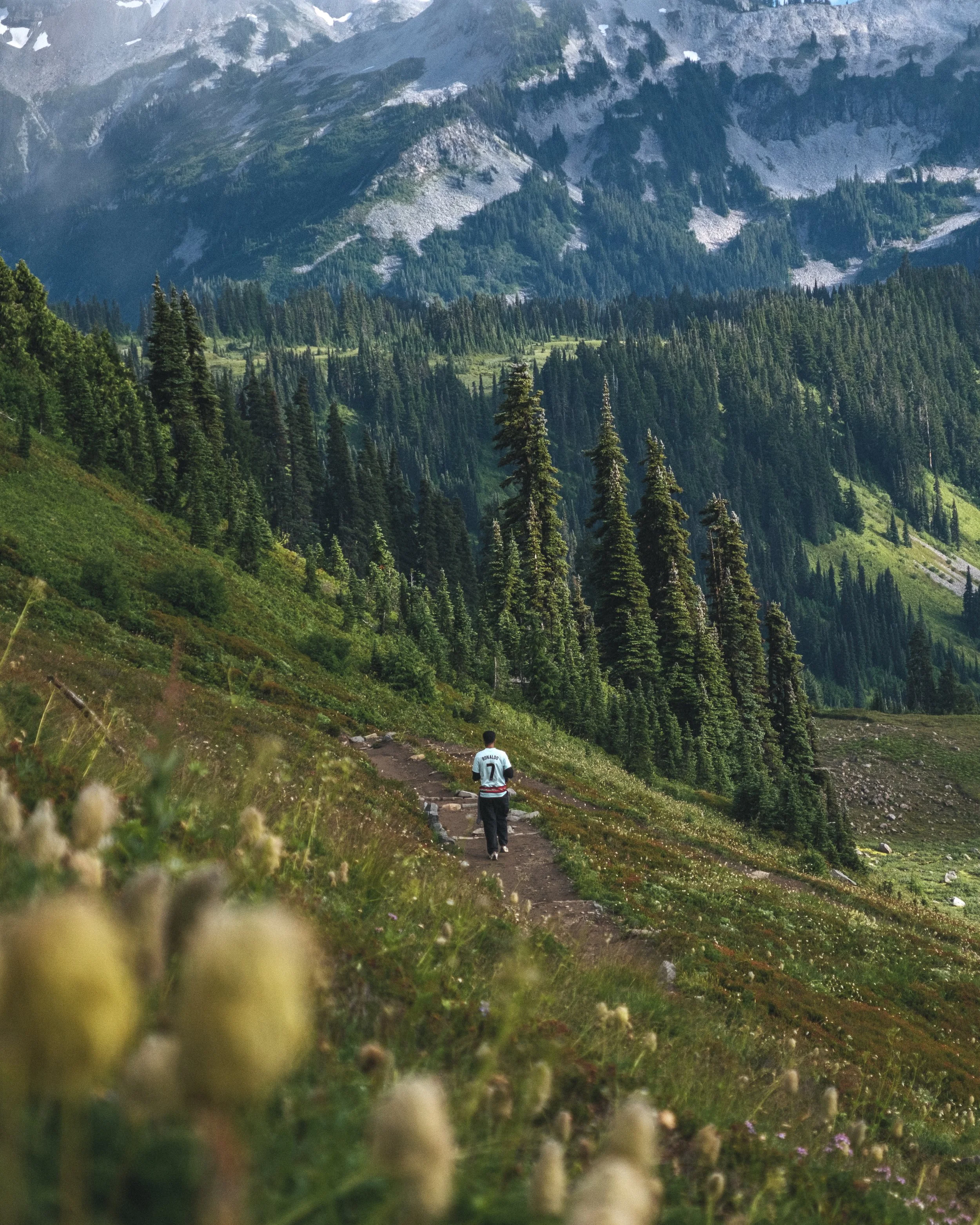 A person wearing a white sports jersey with the name Cristiano Ronaldo and the number seven on the back, walking along a trail through a lush green mountain landscape with dense trees and rugged mountain slopes in the background.