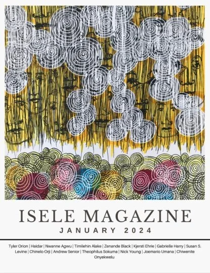 Cover of Isele Magazine, January 2024 issue, featuring abstract art with black, yellow, white, pink, blue, and red swirl patterns.