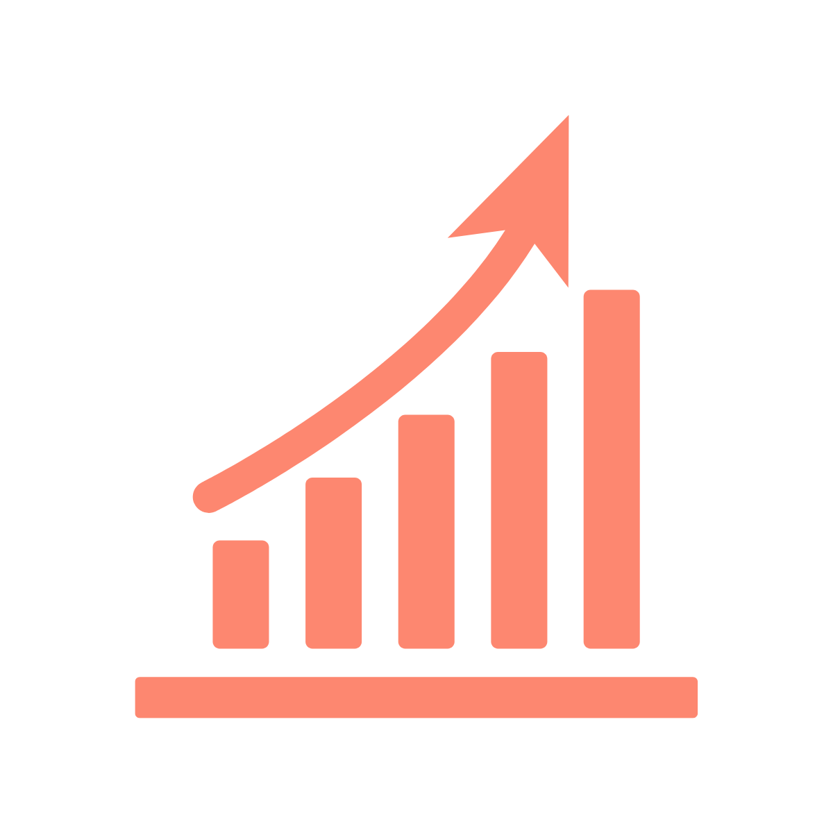 A coral-colored bar chart with five ascending bars and an upward arrow, representing growth or increase.