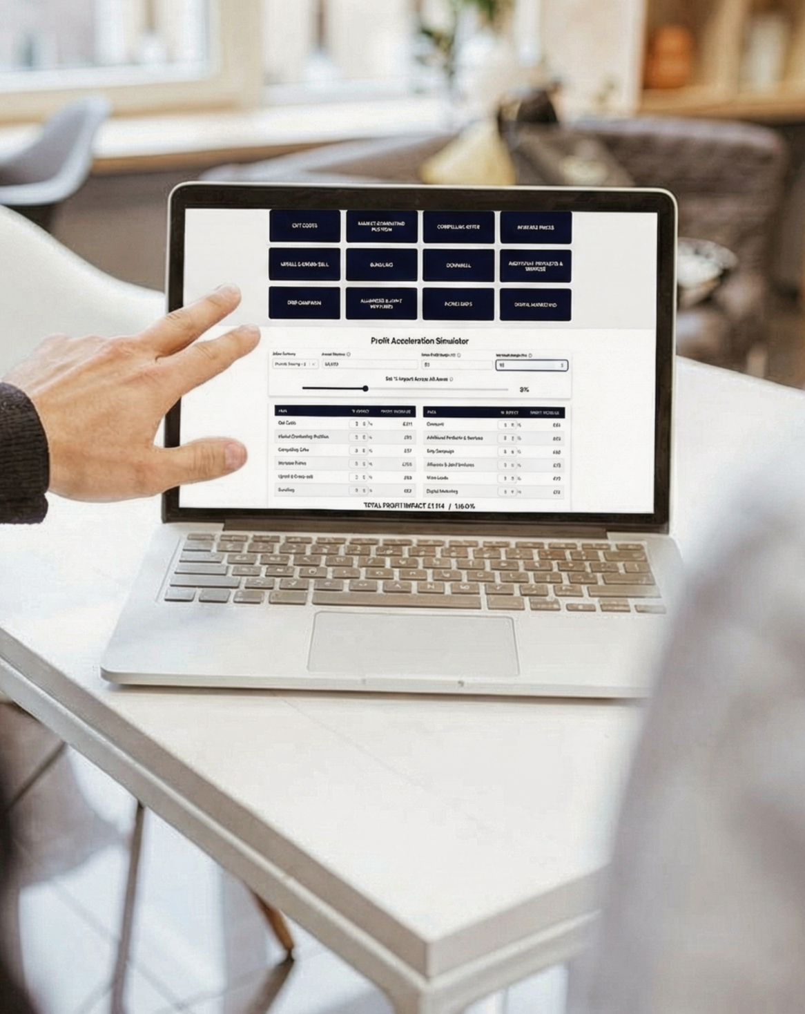 A laptop screen displaying the Gryphon Advisory 15-minute Profit Acceleration Simulator tool