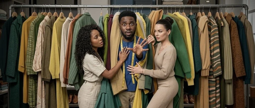 Three people, two women and one man, are standing close together inside a clothing store, surrounded by racks of colorful clothes in shades of green, yellow, brown, and beige. The man is holding several pieces of clothing and appears to be explaining something to the women, who are listening attentively.