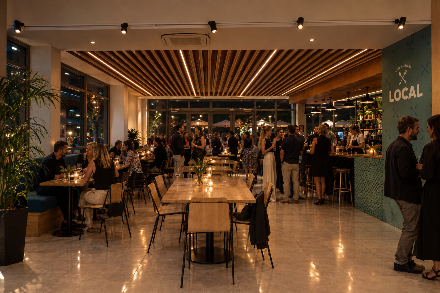 Guests socialising at an evening event at LOCAL Cafe & Eatery in Palmerston North