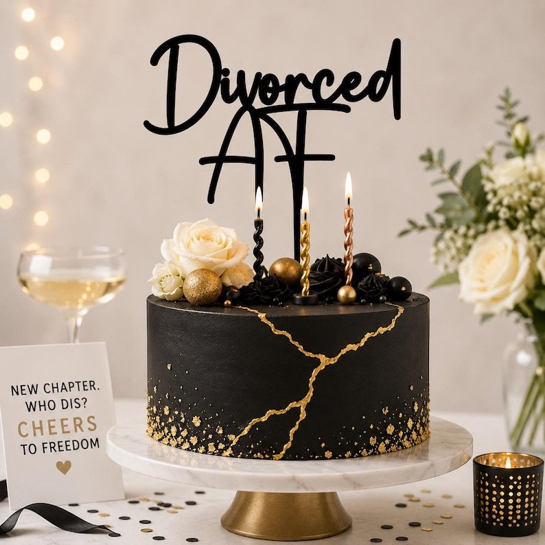 divorced AF cake topper on top of a black and gold divorce cake