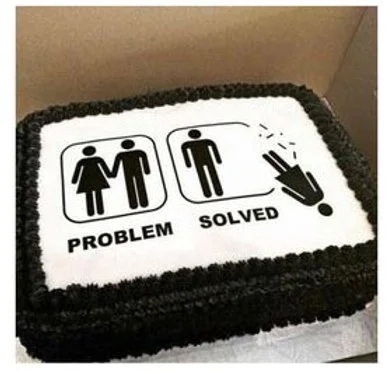 a divorce cake with black and white icing showing a couple breaking up reading 'problem solved'