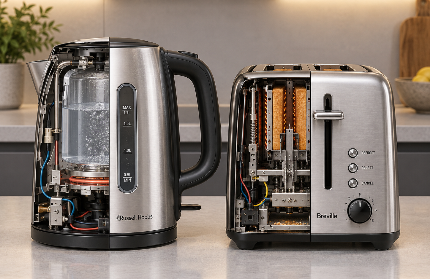 A split view of an electric kettle and a toaster with internal components visible on a kitchen countertop.