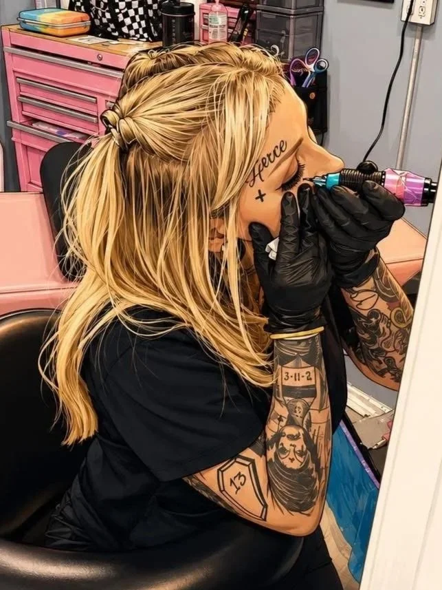 A woman with blonde hair, tattoos on her arms, and black gloves is using a tattoo machine to tattoo her face with words and symbols.
