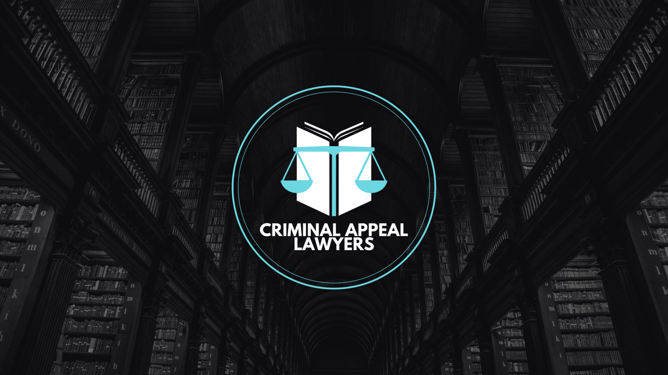 Logo for Criminal Appeal Lawyers featuring a book and scales of justice inside a circular border, set against a dark library background with tall bookshelves.
