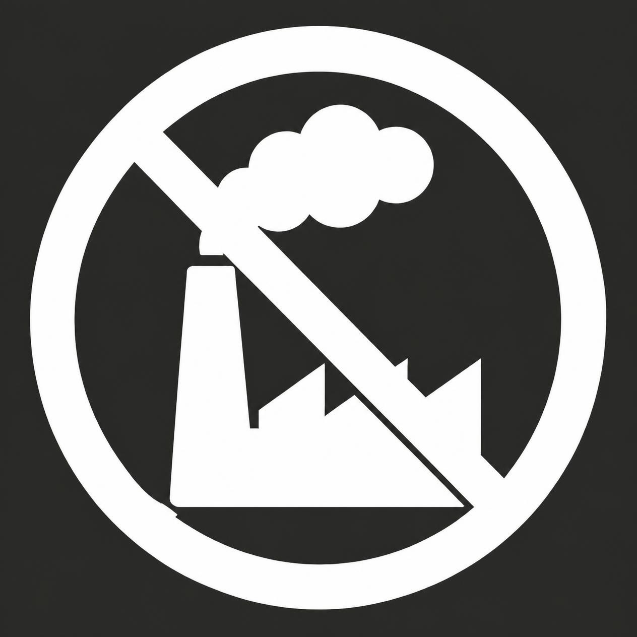 A no smoking sign with a factory emitting smoke, crossed out with a diagonal line.
