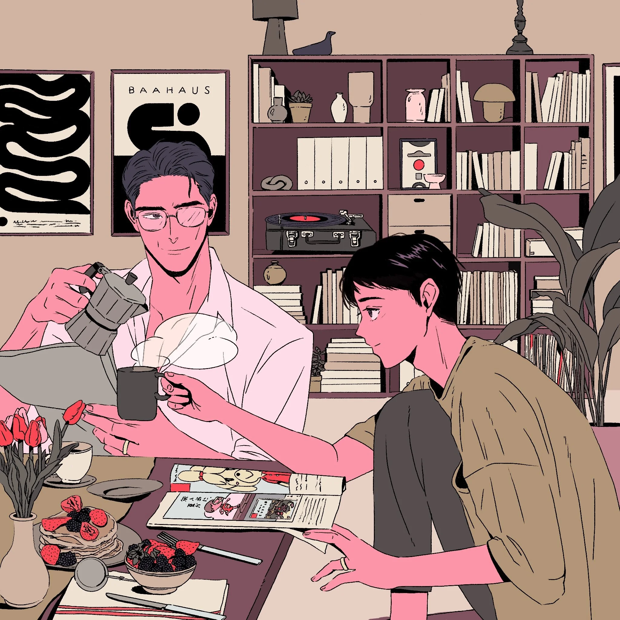 A digital illustration of a cozy indoor scene with two people at a table. One person holds a camera, and the other is looking at magazines and publications. The table features plates of strawberries and blackberries, a vintage turntable, and other sm
