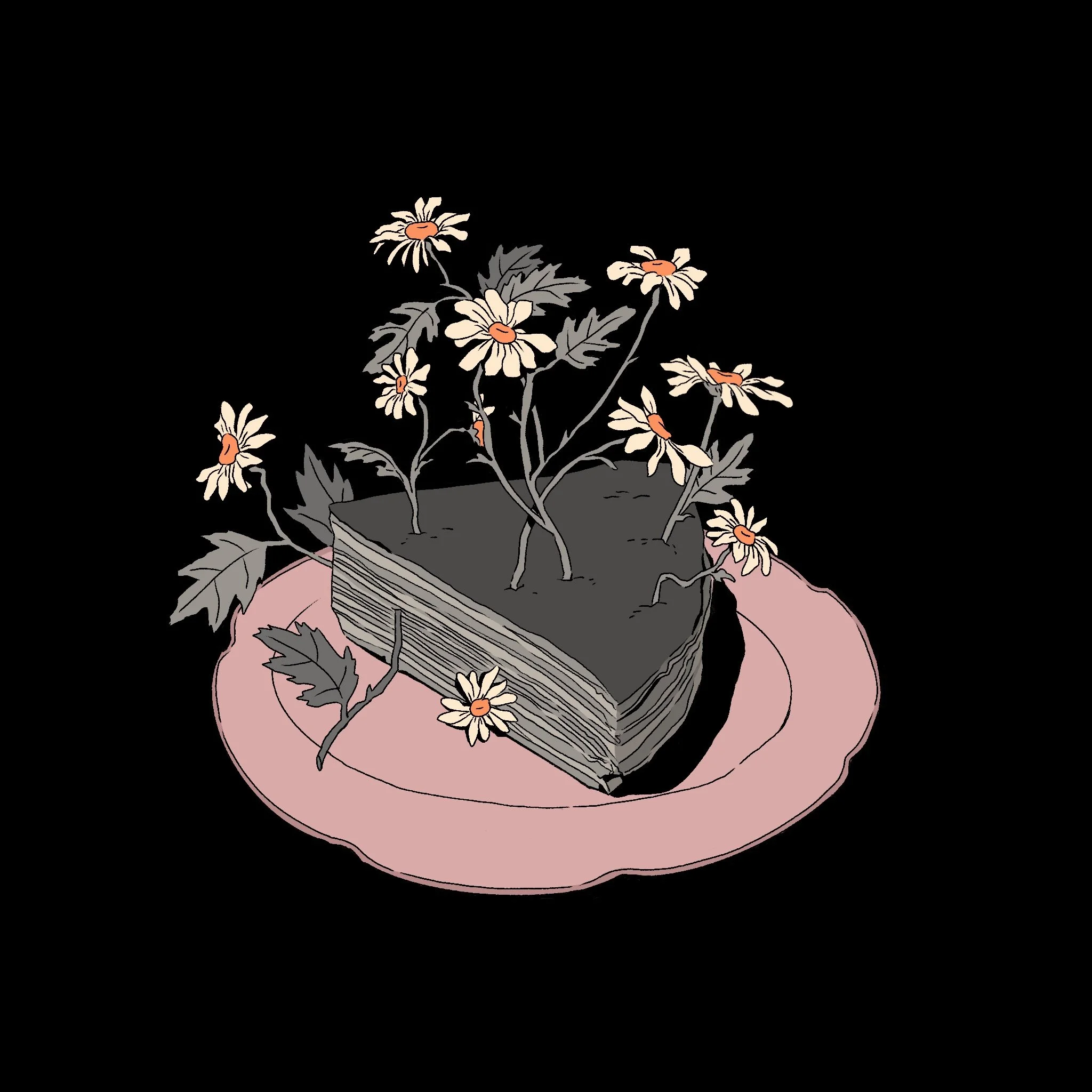 A floral illustration with beige daisies with orange centers in a black vase, placed on a pink circular surface.