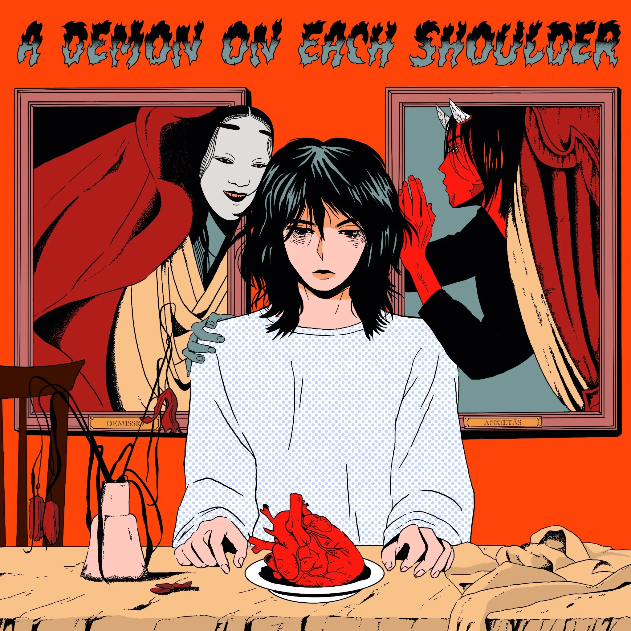 A woman with long dark hair and tears on her face is sitting at a table with her arms crossed, a heart and blood on her shirt. Two women with supernatural appearances, one with white skin and a red hood and the other with horns and red skin, are behi