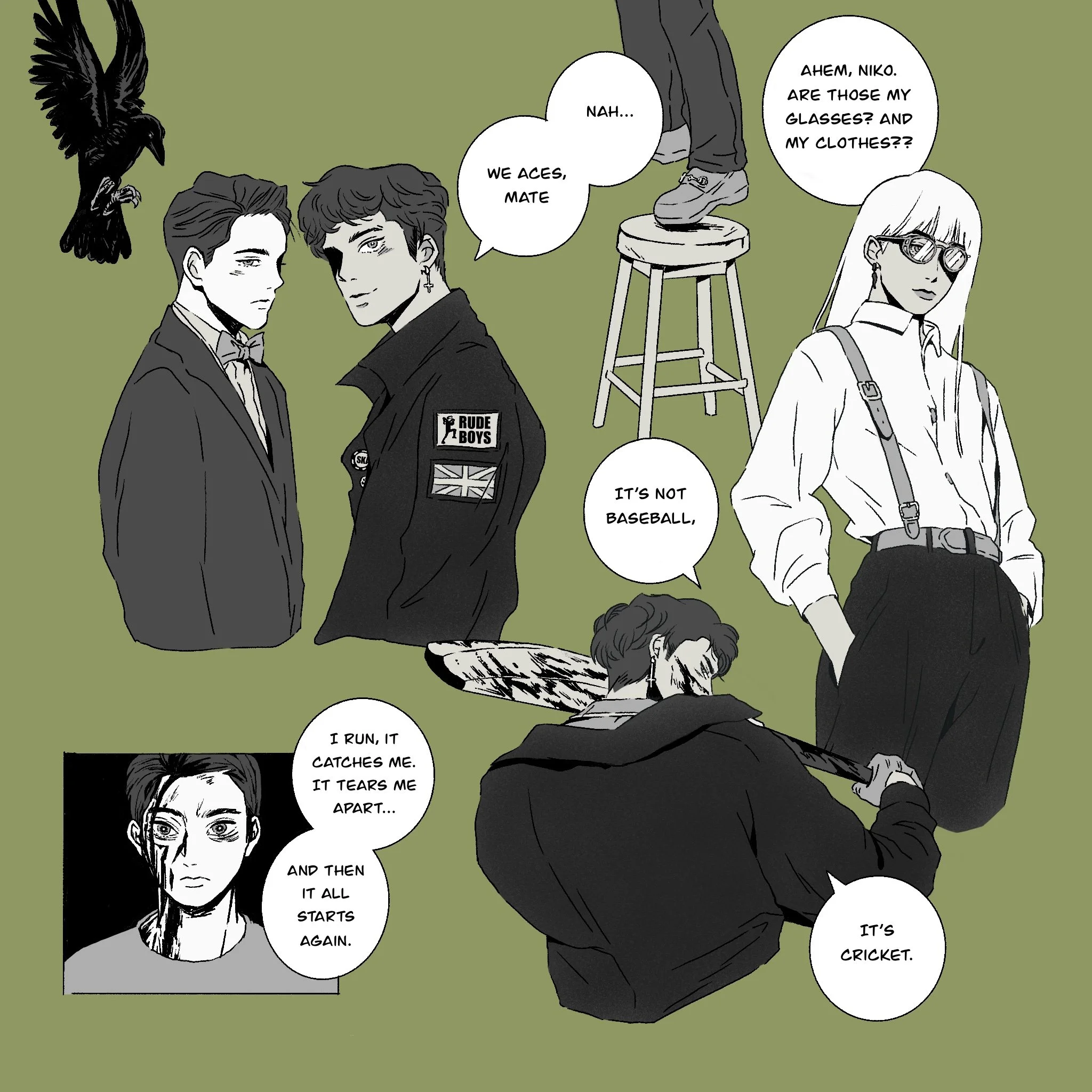 A comic panel showing three young people engaged in conversation; two are standing, one is on the ground. The person on the ground is a young woman with short hair and piercings, speaking. The person in the middle has a cross earring, hair styled in 
