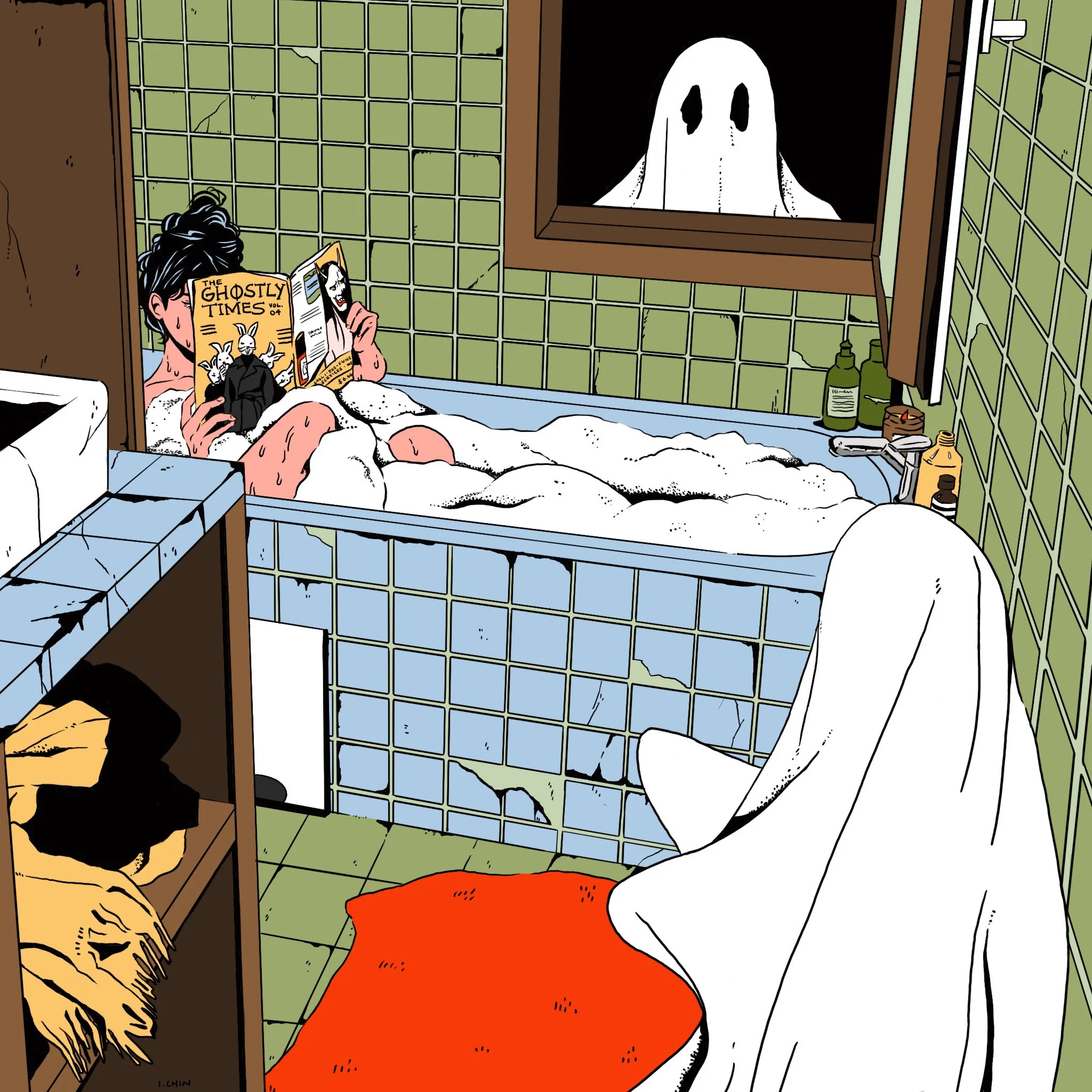 A person with black hair covered in a towel, sitting in a bathroom with green tiled walls, reading a magazine titled 'The Ghostly Times' while a ghostly figure with a white sheet over its head peeks through a window, and a white bathtub filled with b