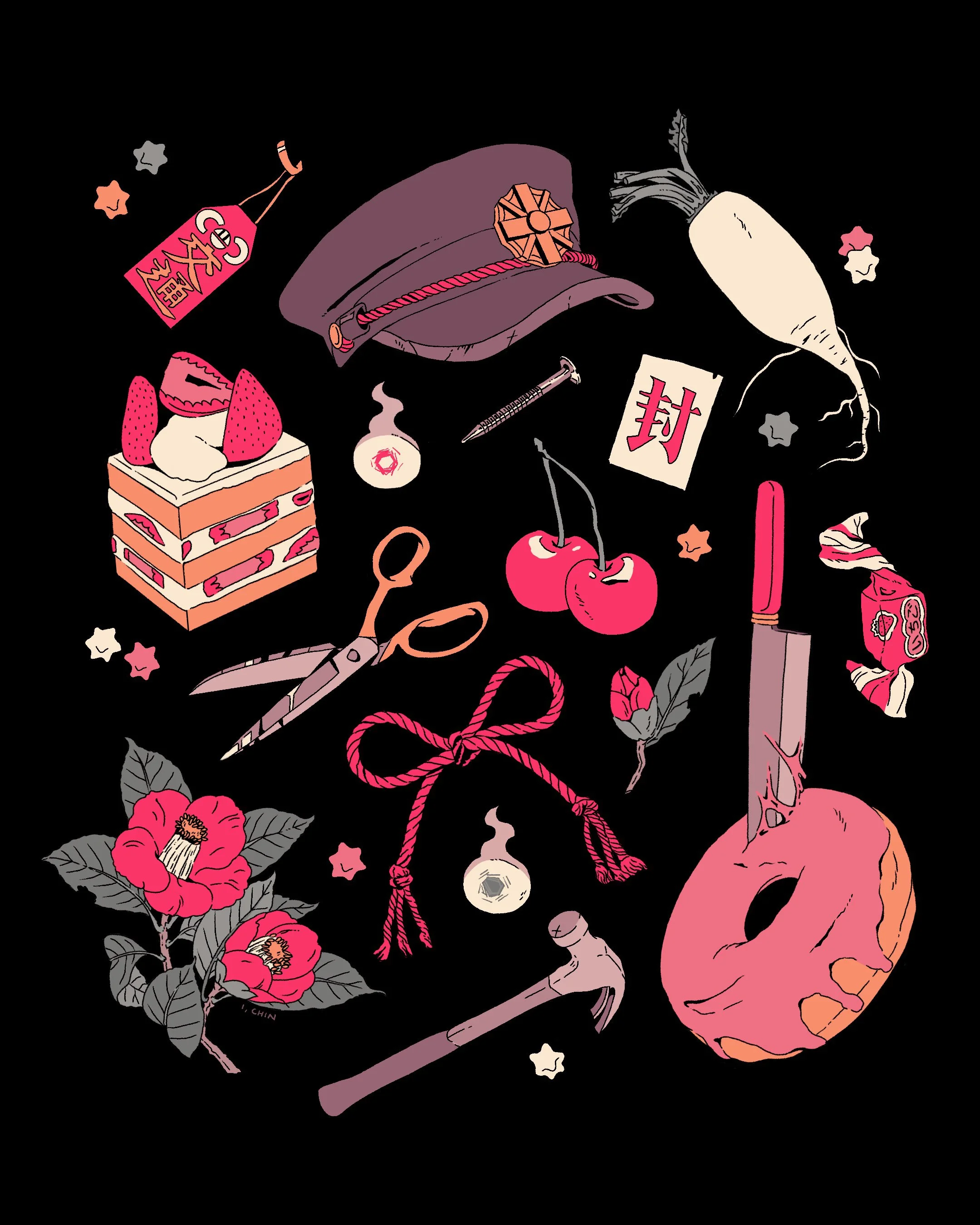 A collection of illustrated objects including a pink cake with strawberries, a white daikon radish, a skull, a cherry, a hat with a badge, a piece of paper with a red Asian character, a syringe, a pair of scissors, a wrapped candy, a rose, a perfume 