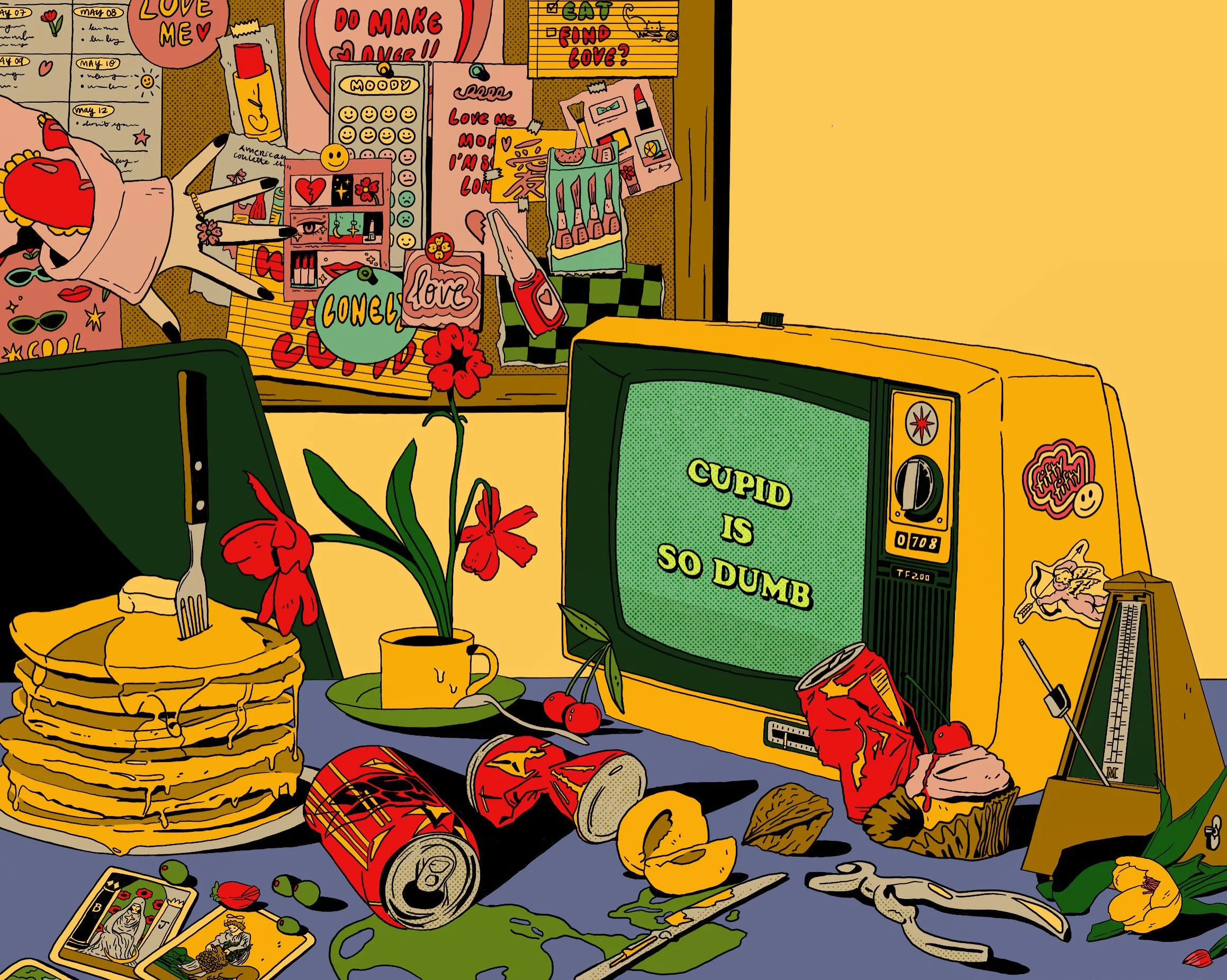 A cluttered table with a tall stack of pancakes, soda cans, a yellow mug with a plant, and scattered food items. The background features a collection of notes, posters, and a yellow television with the words "CUPID IS SO DUMB." There is also a hand w